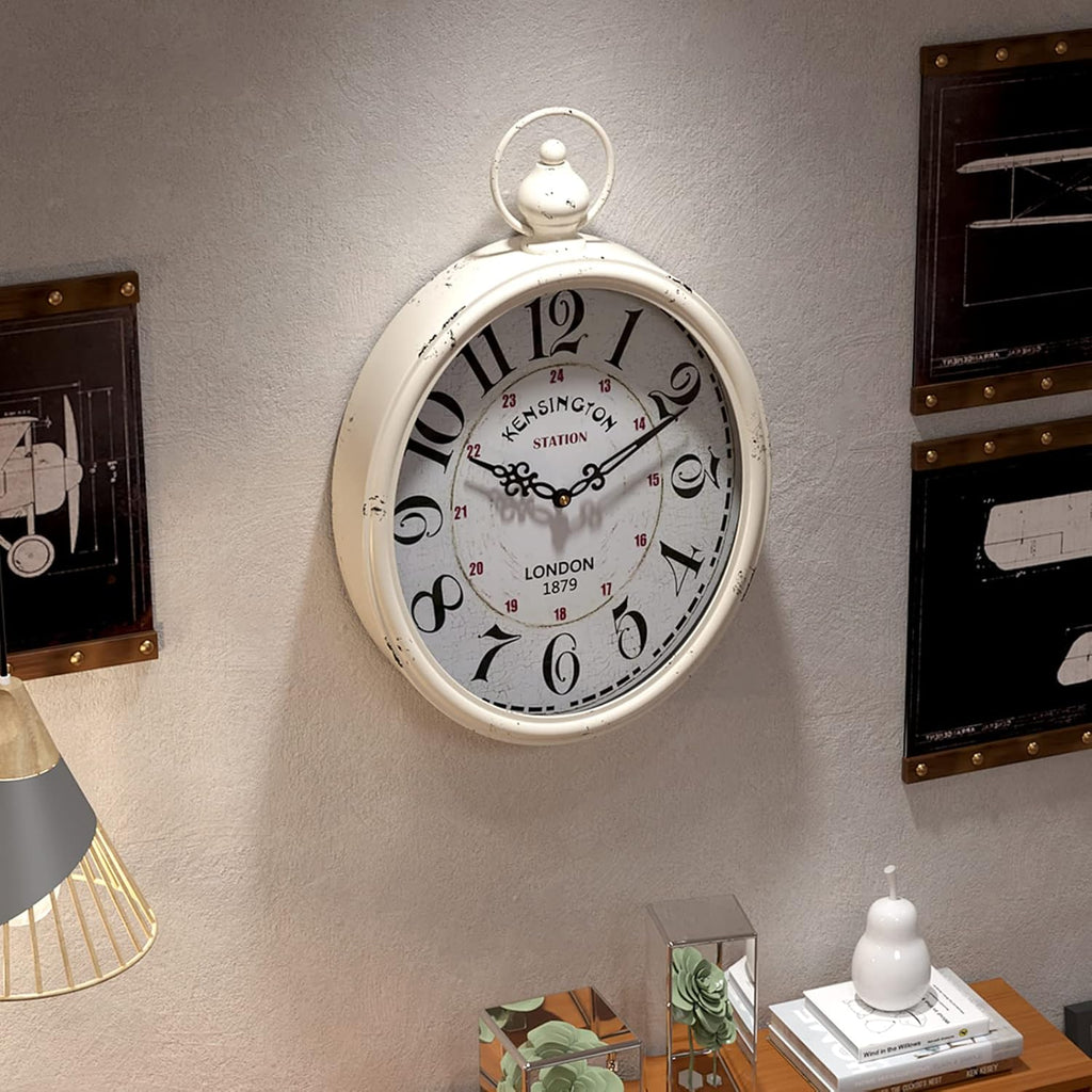 Menterry Oval Retro Wall Clock, Rustic Vintage Style, White Antique Design
