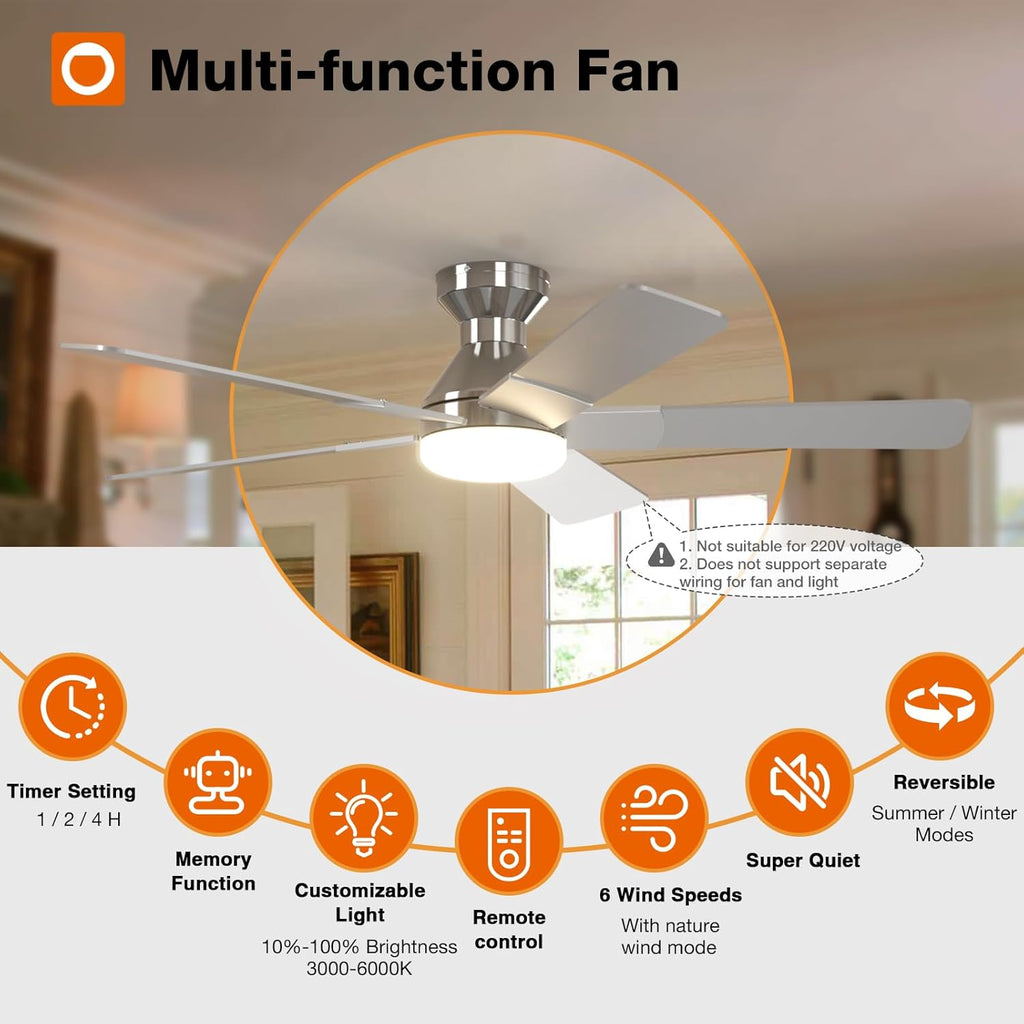 Ceiling Fans with Lights, 52 inch Low Profile Ceiling Fan with Light and Remote Control, Flush Mount, Reversible, 3CCT, Dimmable, Noiseless, Nickel Ceiling Fan for Bedroom, Indoor/Outdoor Use