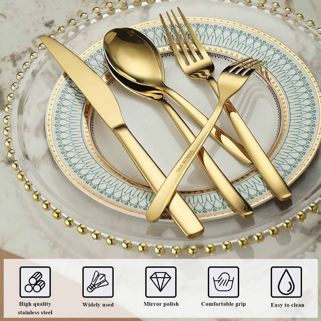 Gold Silverware Set 60 Pieces Service for 12, Golden Titanium Plating Stainless Steel Flatware Set