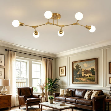 Modern Mid Century 6 Light Semi Flush Mount Ceiling Lighting Fixture for Living Room Bedroom Dining Room Hallway