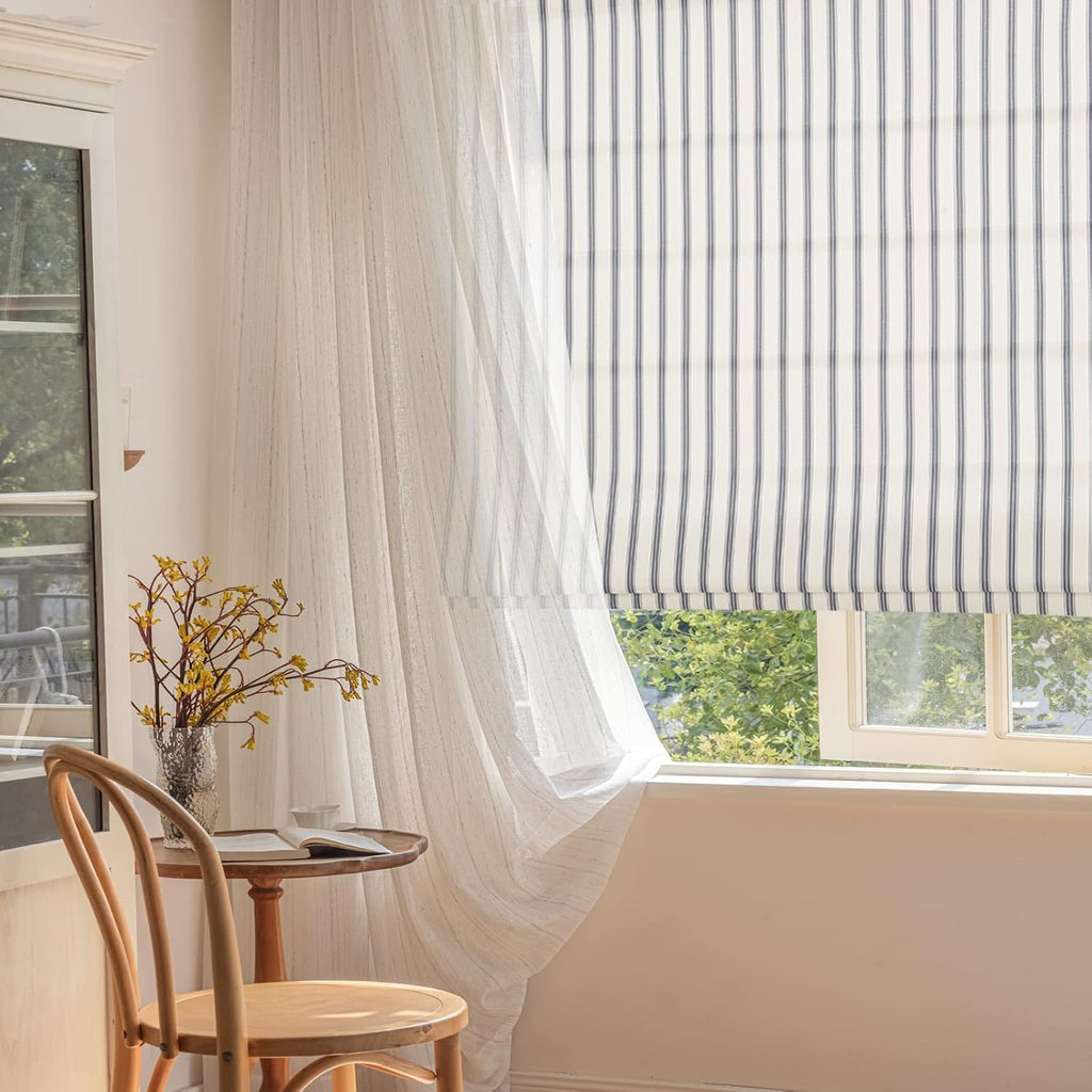Roman Shades, Greyish Blue Stripe Blackout Cordless Fabric Custom Roman Shades for Windows, Doors, Farmhouse