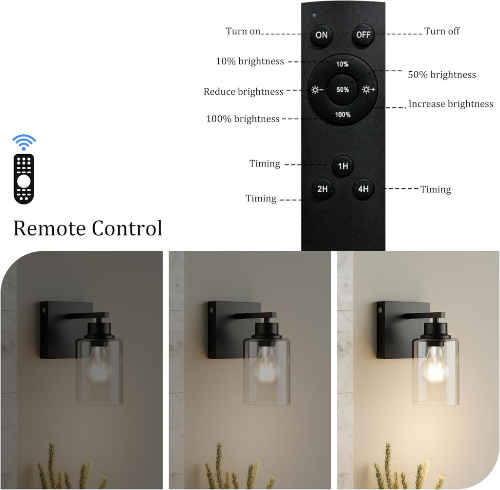 Wireless Battery Operated Wall Sconce Set of Two with Remote Control | Black Dimmable Rechargeable Wall Lights with Timer, Easy Install Glass Lamp for Living Room Bedroom, Emergency 3000K