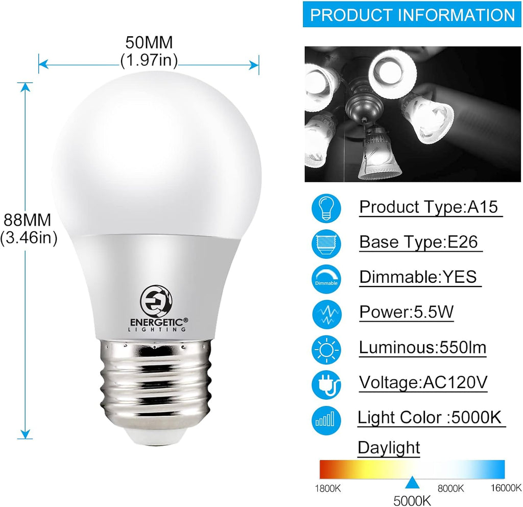 A15 Refrigerator Bulbs 40 Watts Equivalent (5.5W), LED Appliance Dimmable Light Bulbs, Daylight 5000K, E26 Base, UL