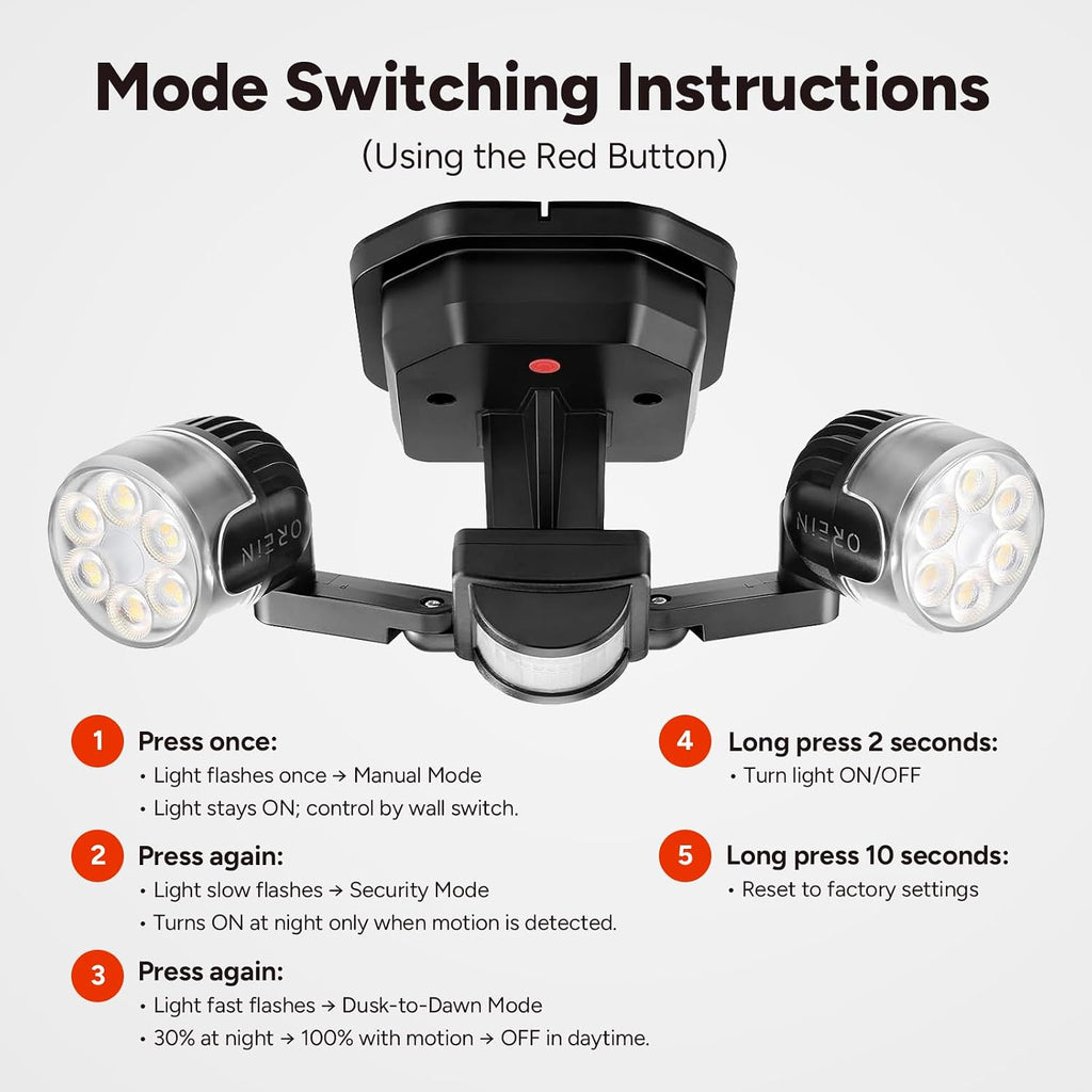 Motion Sensor Outdoor Security Light, Adjustable Dual-Head LED Flood Light, 3 Modes(Motion/Manual/Dusk to Dawn), 150W