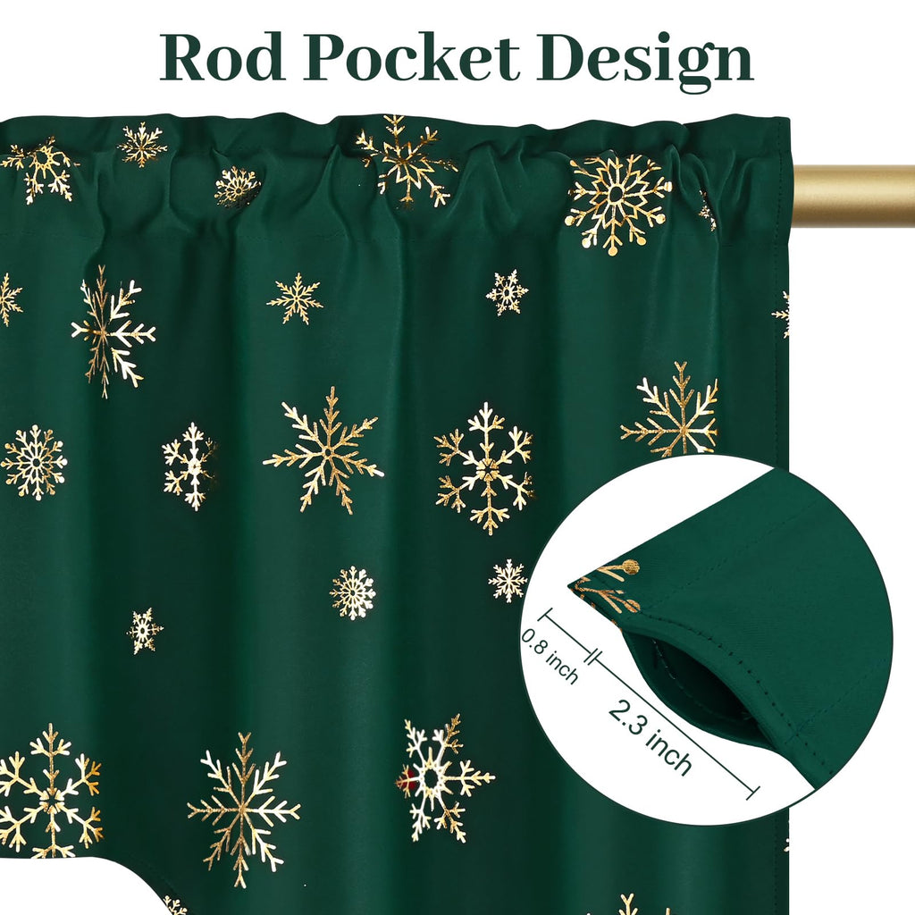 Green Christmas Valance with Gold Snowflake Foil Print, 1 Panel, W60×L36