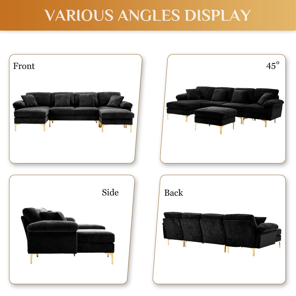 114" U-Shaped Velvet Sectional Couch with Ottoman, Black