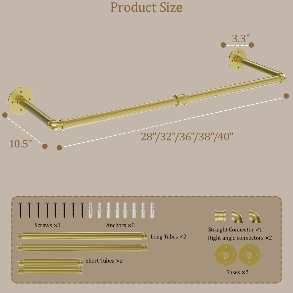 Wall Mounted Clothes Rack 2 Pack, Industrial Pipe Clothing Rack 28 Inch Gold, Wall Clothes Hanger , Cloakroom