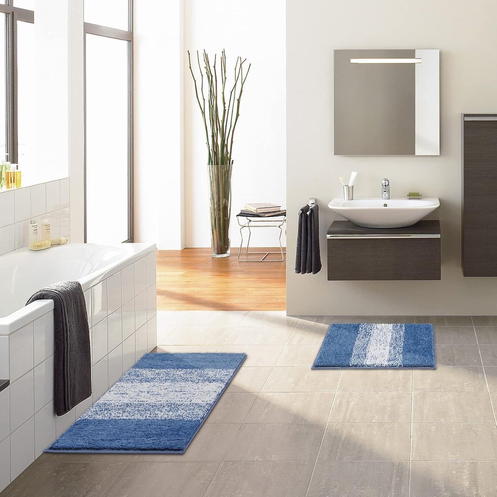 Luxury Soft Bathroom Rugs Set of 2, Blue Non Slip Bath Floor Mat | Microfiber Shaggy Plush Absorbent Striped Washable