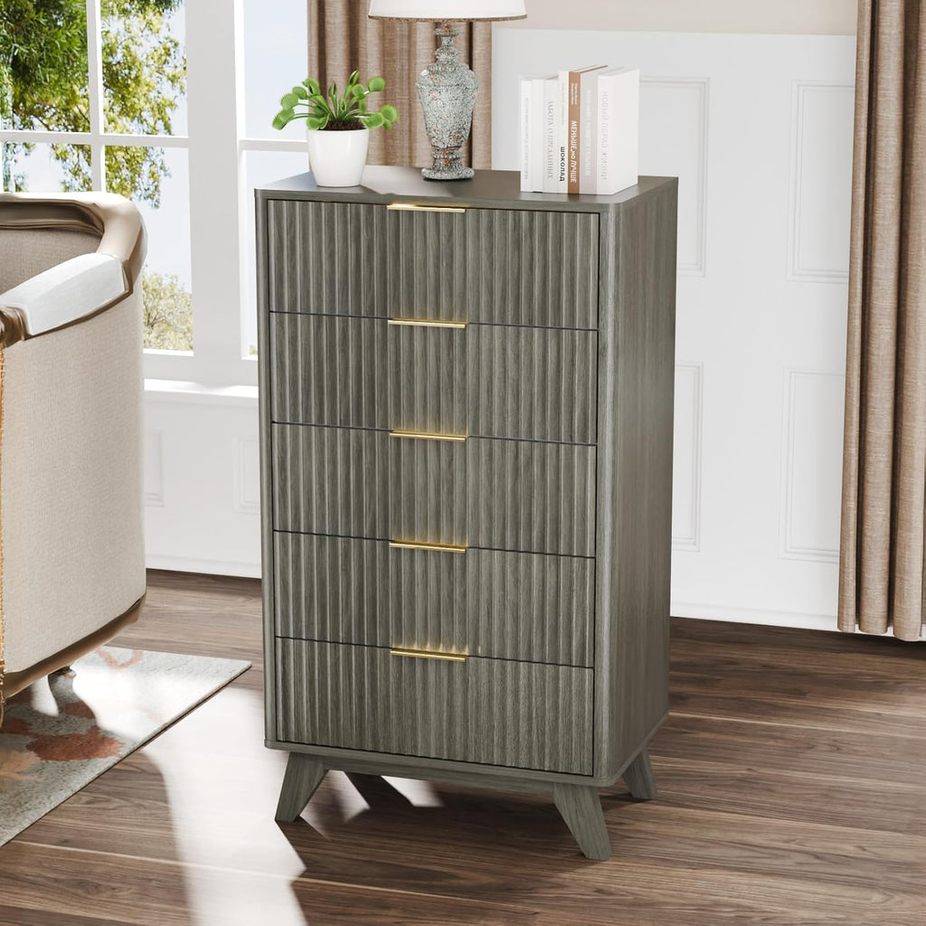 Fluted Tall Dresser 5 Drawer, 23.66" W Chest of Drawers Gray Wood Dresser with Rounded Edges, Grey Dressers , 23.66"