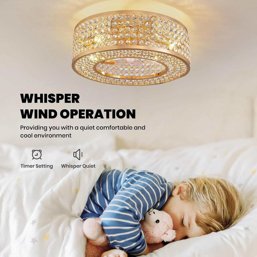 20" Caged Crystal Ceiling Fan with Lights Flush Mount Gold Fandelier Low Profile Chandelier Fan Enclosed Ceiling Fan