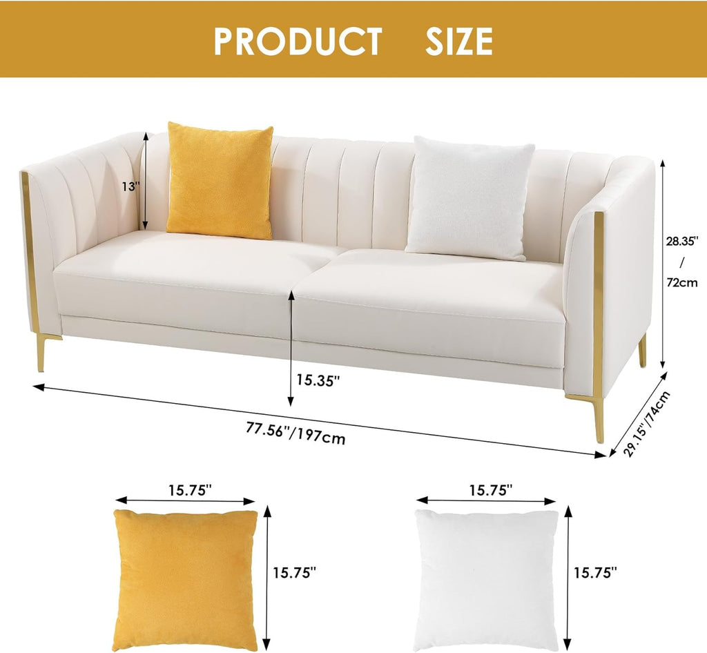 White Leather Couch Sofa, Office Couches 78'' Apartment Faux Leather Sofa with 2 Throw Pillows & Gold Metal