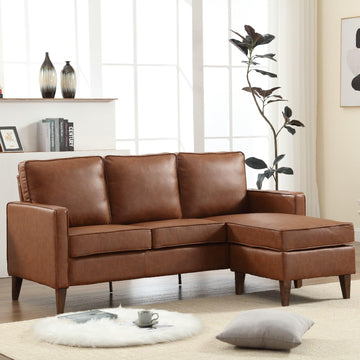 Faux Leather L Shaped Couch with Solid Wood Feet, 3-Seater Sofa with Reversible Chaise, Sectional Couches, Brown