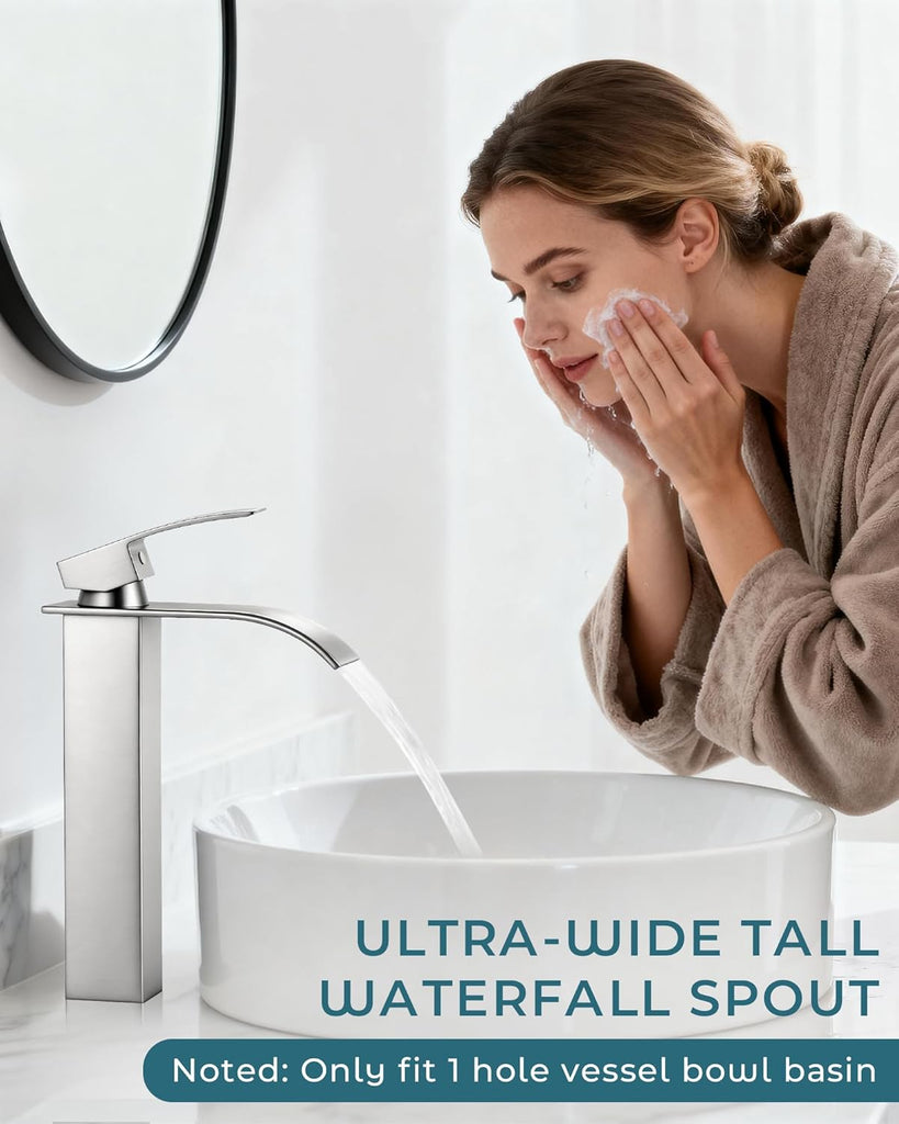 Brushed Nickel Vessel Sink Faucet, Tall Waterfall Bathroom Faucet