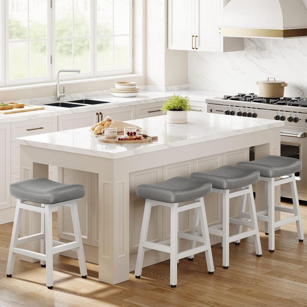 Counter Height Bar Stools Set of 2, 24 Inch Barstools Counter, Kitchen Stools with Bonded Leather Saddle Seats