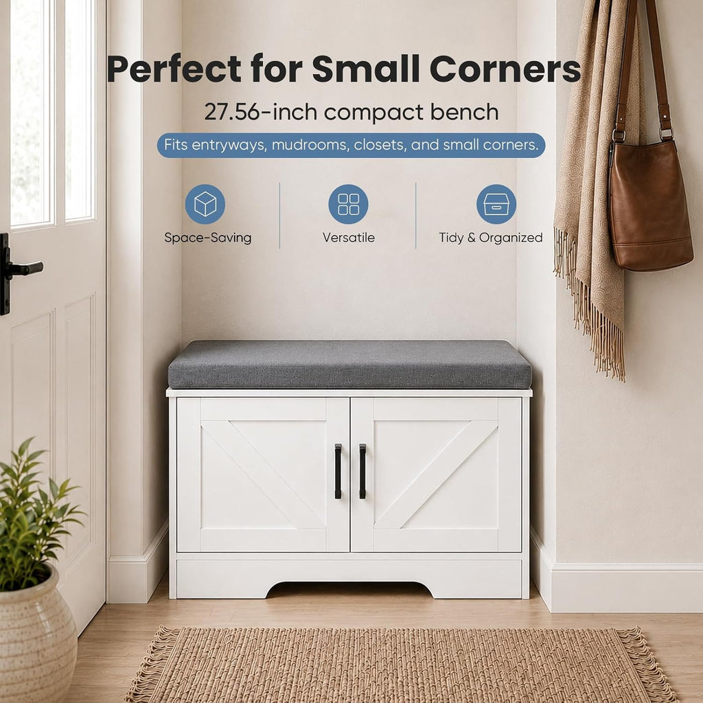 Shoe Storage Bench with Cushion, 27.6IN, White | Shoe Organizer Cabinet with Padded Cushion and Doors, Adjustable