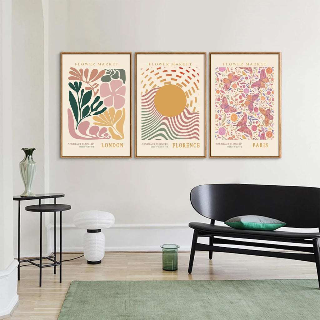 Boho Flower Market Framed Canvas Wall Art Set, Pink Beige Cute Butterfly Wall Decor, Colorful Abstract Floral Wall