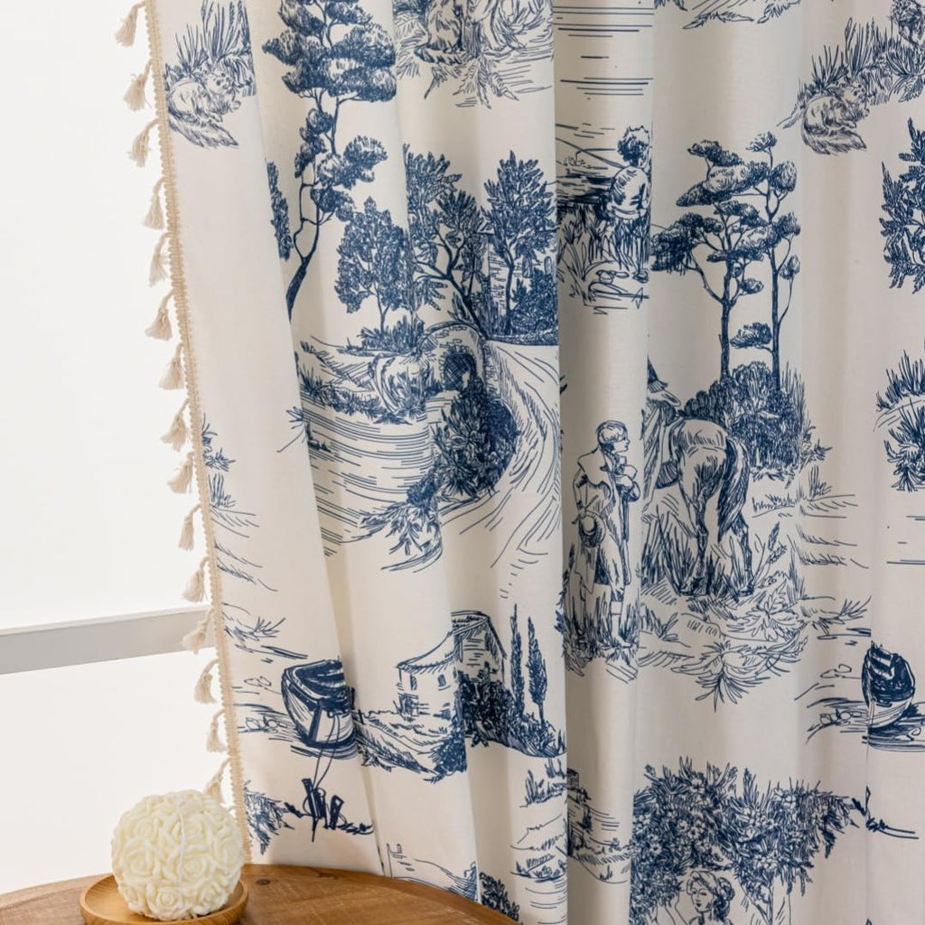 Blue Victorian curtainsCurtains 2 Panels Patterned Print Semi Blackout Farmhouse Modern Toile Pattern on Cream White
