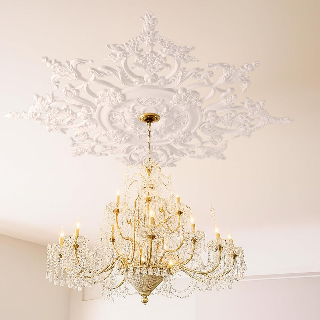 35.4'' Large PU Ceiling Medallion Combination Decorative 2.36'' ID French Style Chandelier Base Ceiling Medallion for Light Fixtures Victorian Rosette Light Covers for Chandeliers(Fresh)