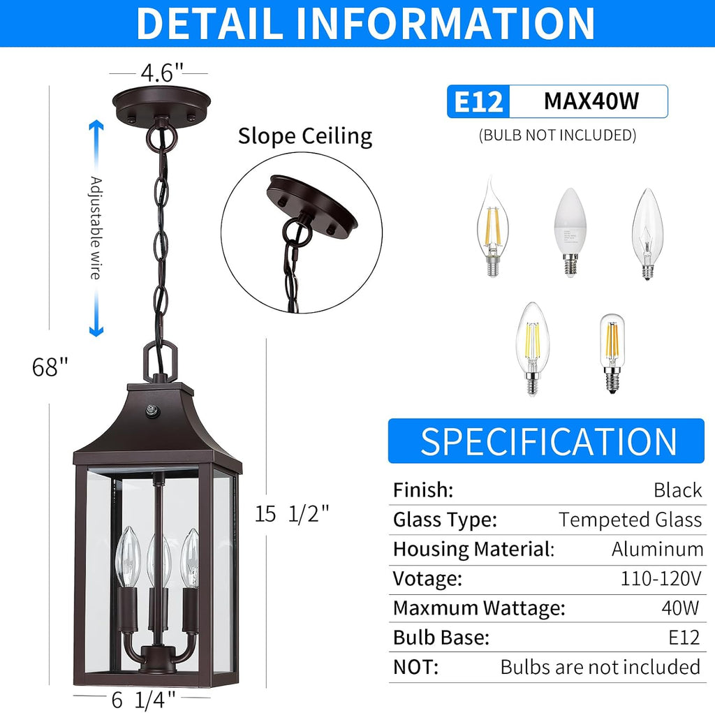 15.5'' Large Outdoor Pendant Light Fixtures 3-Light, Dusk to Dawn Exterior Hanging Lantern Porch Light Adjustable
