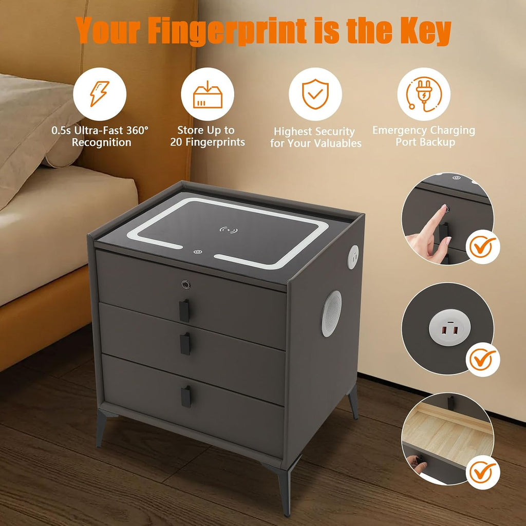 Smart Bedside Side Table w/USB Charging, Smart LED Nightstand w/Three-Color Light & Fingerprint Lock Drawer, Speaker