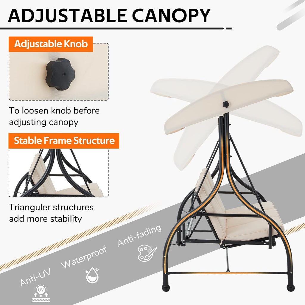 Porch Swing Chair with Adjustable Backrest&Canopy, 3 Seat Patio Swing with Canopy 2-in-1 Convertible Outdoor Swing