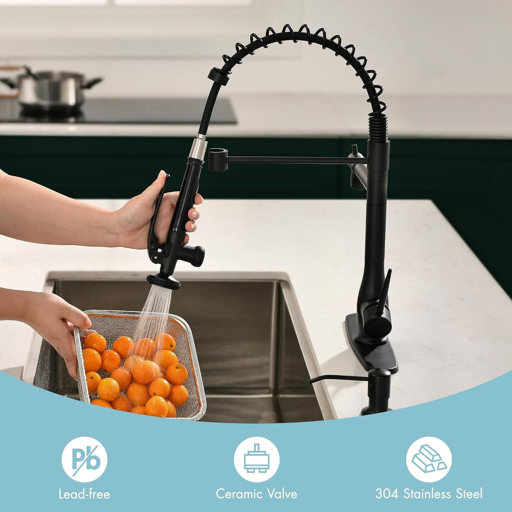 Matte Black Commercial Kitchen Faucet with Pull Down Sprayer | Soap Dispenser Included, Commercial Style, Double Head
