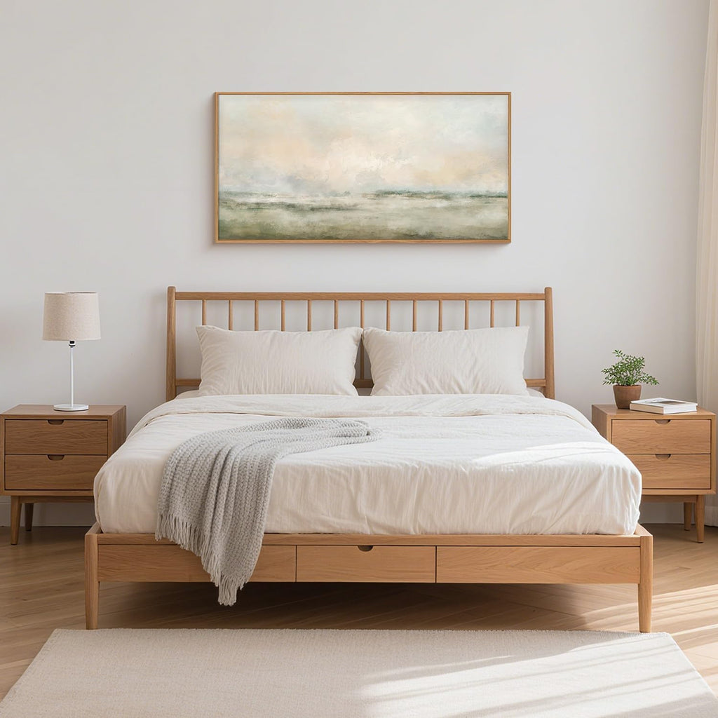 Abstract Natural Landscape Framed Canvas Wall Art Set, Watercolor Tan Green Beige Wall Decor, Minimalist Neutral