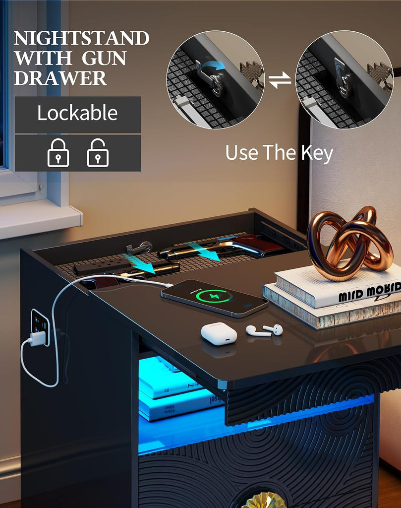 LED Nightstand with Gun Drawer, Modern Bedside Table with 3-Color Lights & Human Sensor, Smart Night Stand with