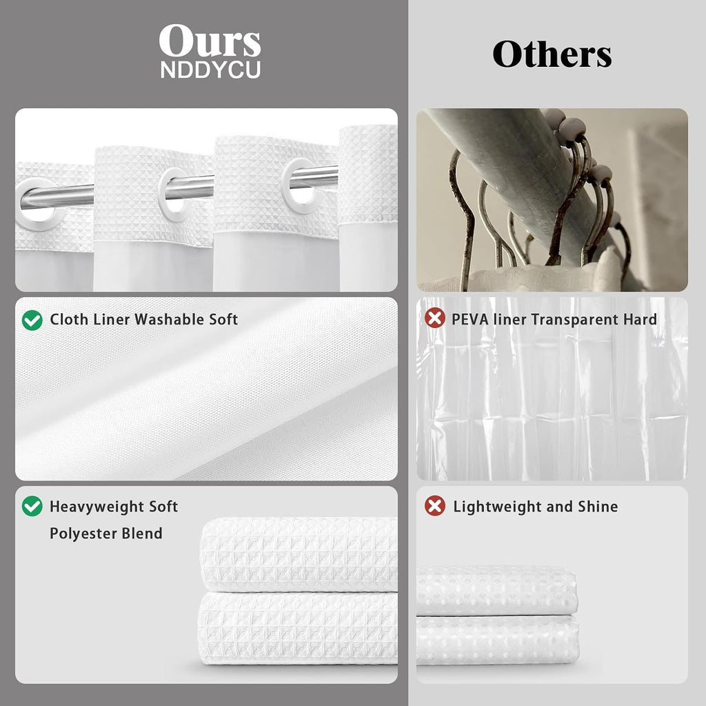 No Hook Shower Curtain with Snap in Fabric Liner,Waffle Hotel Style Waterproof Bathroom Curtain Set White 75" L x 72"