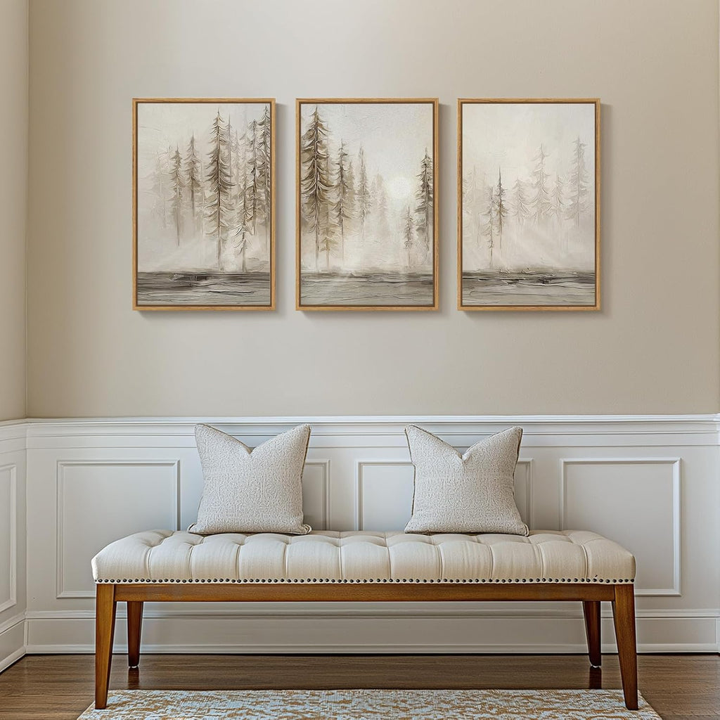 Framed Neutral Abstract Pine Tree Landscape Wall Art Bedroom, 16x24 Inch