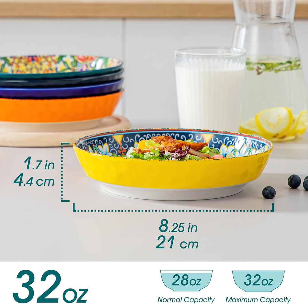 32 Oz Pasta Bowls Set of 6, Ceramic Bohemian Soup Salad Bowls | Dishwasher and Microwave Safe Ceramic, Large 11.5