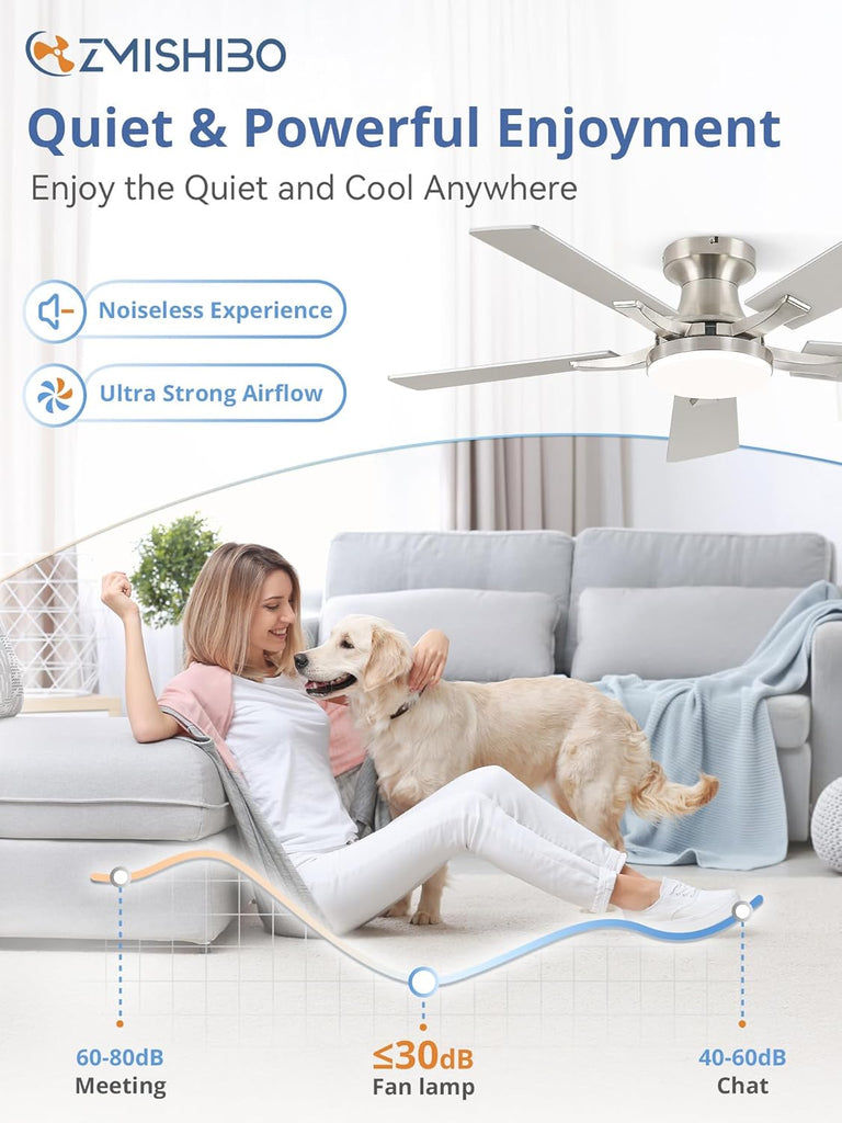42 Inch Ceiling Fan with Light, App&Remote Control, Flush Mount Low Profile, Dimmable 20W LED Light, Quiet Reversible Motor for Bedroom, Living Room, Apartment, Nickel