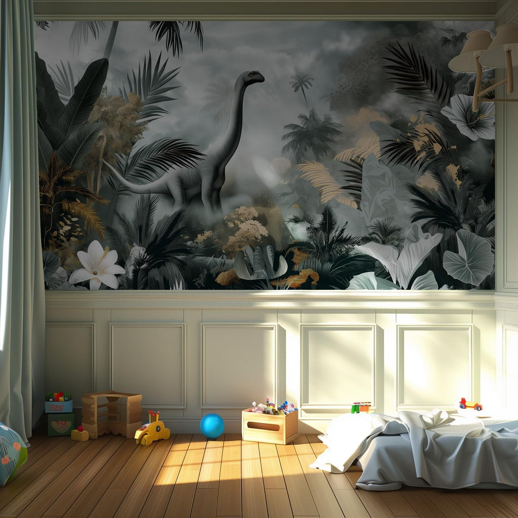 Dinosaur Peel and Stick Wallpaper Mural, Prehistoric Jungle Green | Seamless edge-to-edge match for easy DIY.