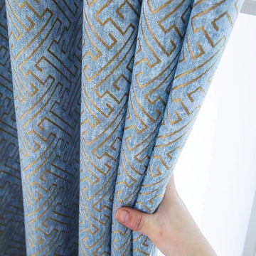 2 Panels Set Pair Chenille Curtains Semi-Blackout Geometric Modern Curtains Bedroom (2 x 52 x 96 Inch, Blue and Gold)