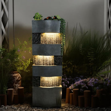 40.5''H Garden Water Fountain Outdoor,4 Tiers Floor Standing Waterfall Outdoor Fountains with LED Lights