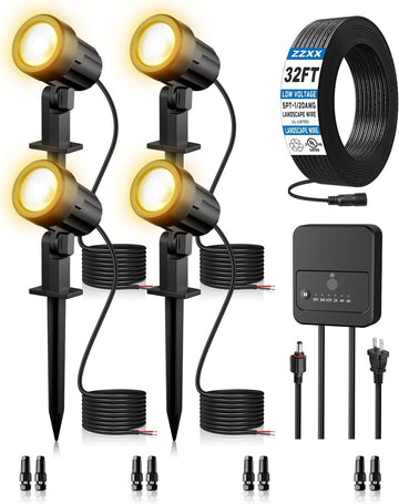 All-in-One Low Voltage Landscape Lighting Kit, 4-Pack, Warm White | LED Landscape Lights with Transformer 32FT Wire