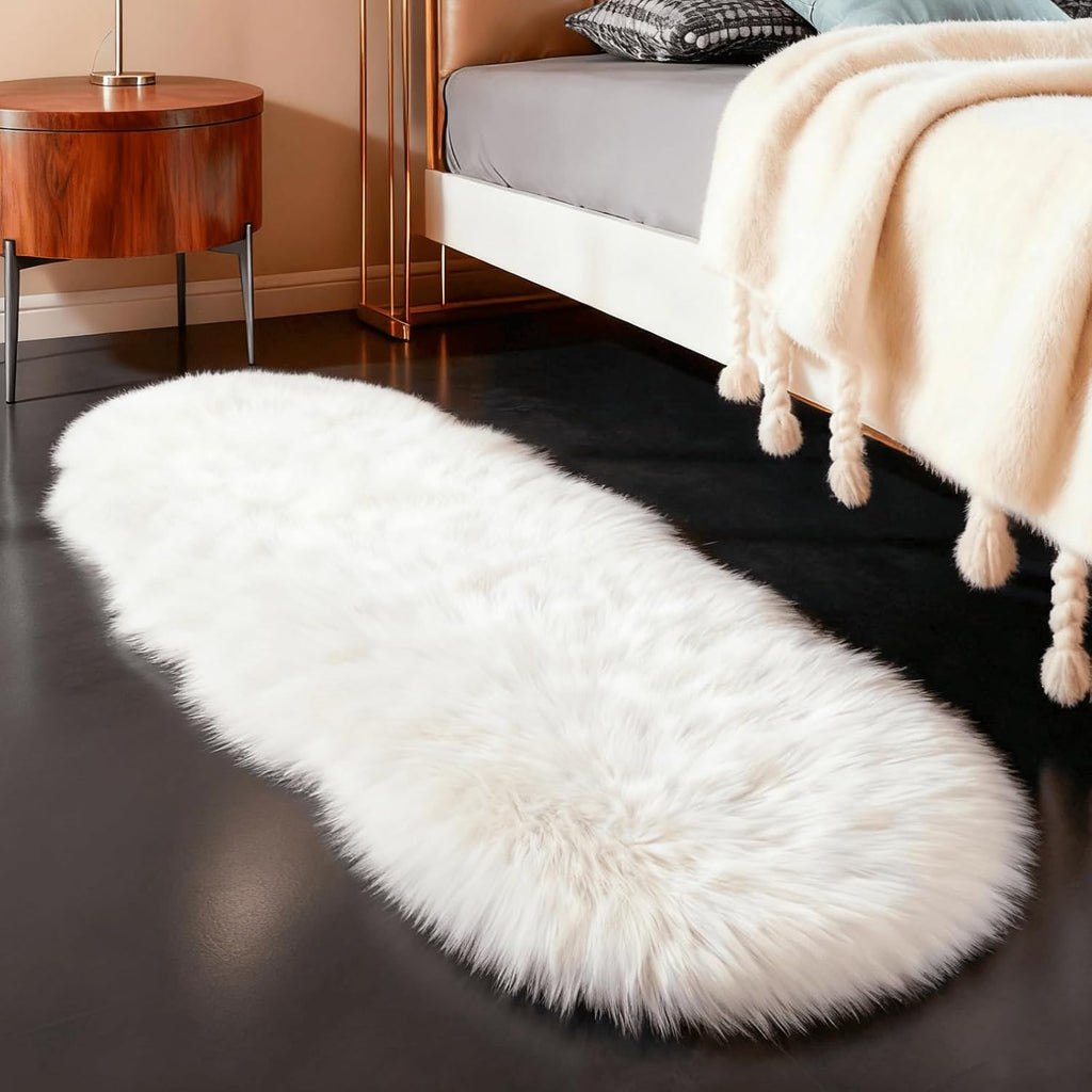 Faux Fur Sheepskin Fluffy Shag Fuzzy Rug, White, 2x6 ft Runner