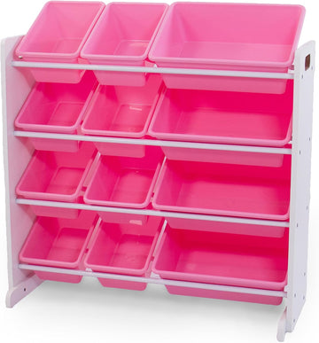 Kids Toy Organizer with 12 Bins, 4 Tier Storage | Sturdy wood and steel toddler shelf, removable BPA-free containers