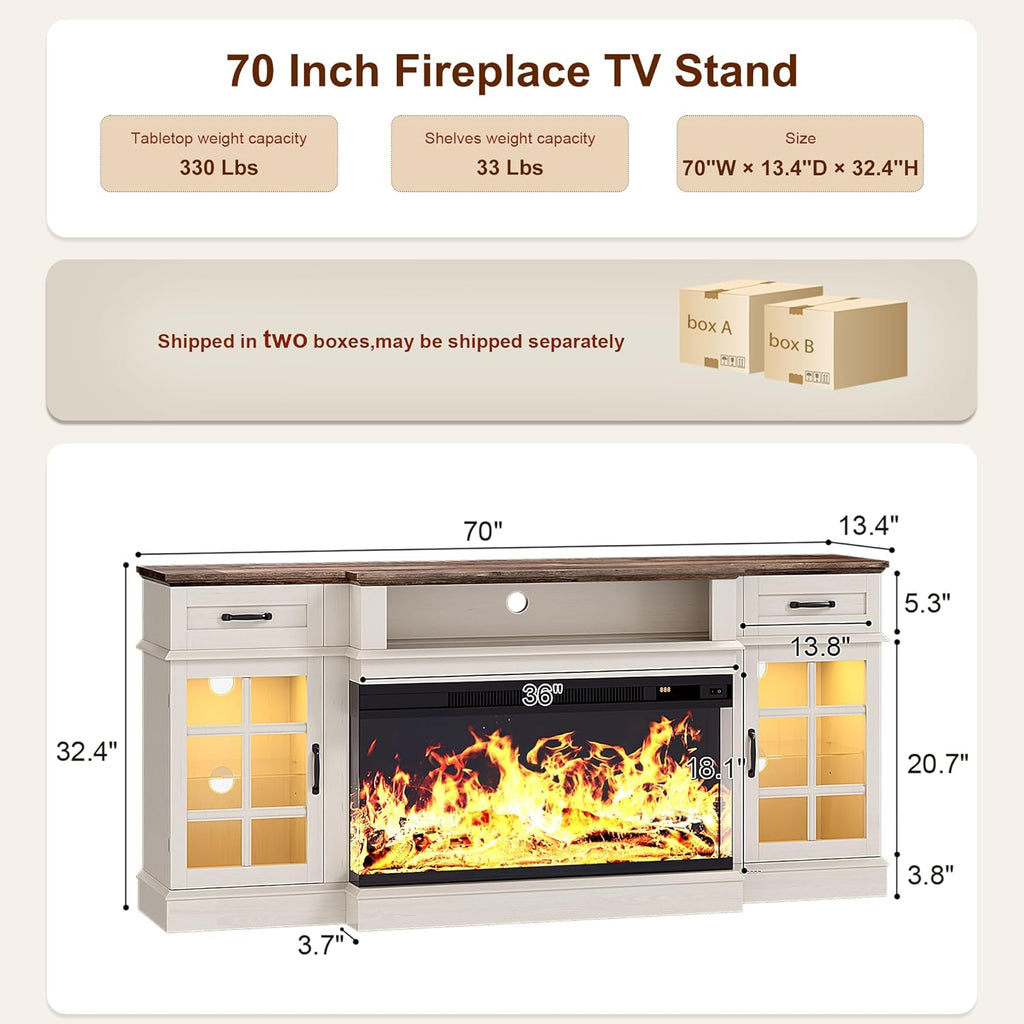 70" Fireplace TV Stand, 3-Sided Glass Fireplace and Modern Entertainment Center, Wooden Media Console with Glass