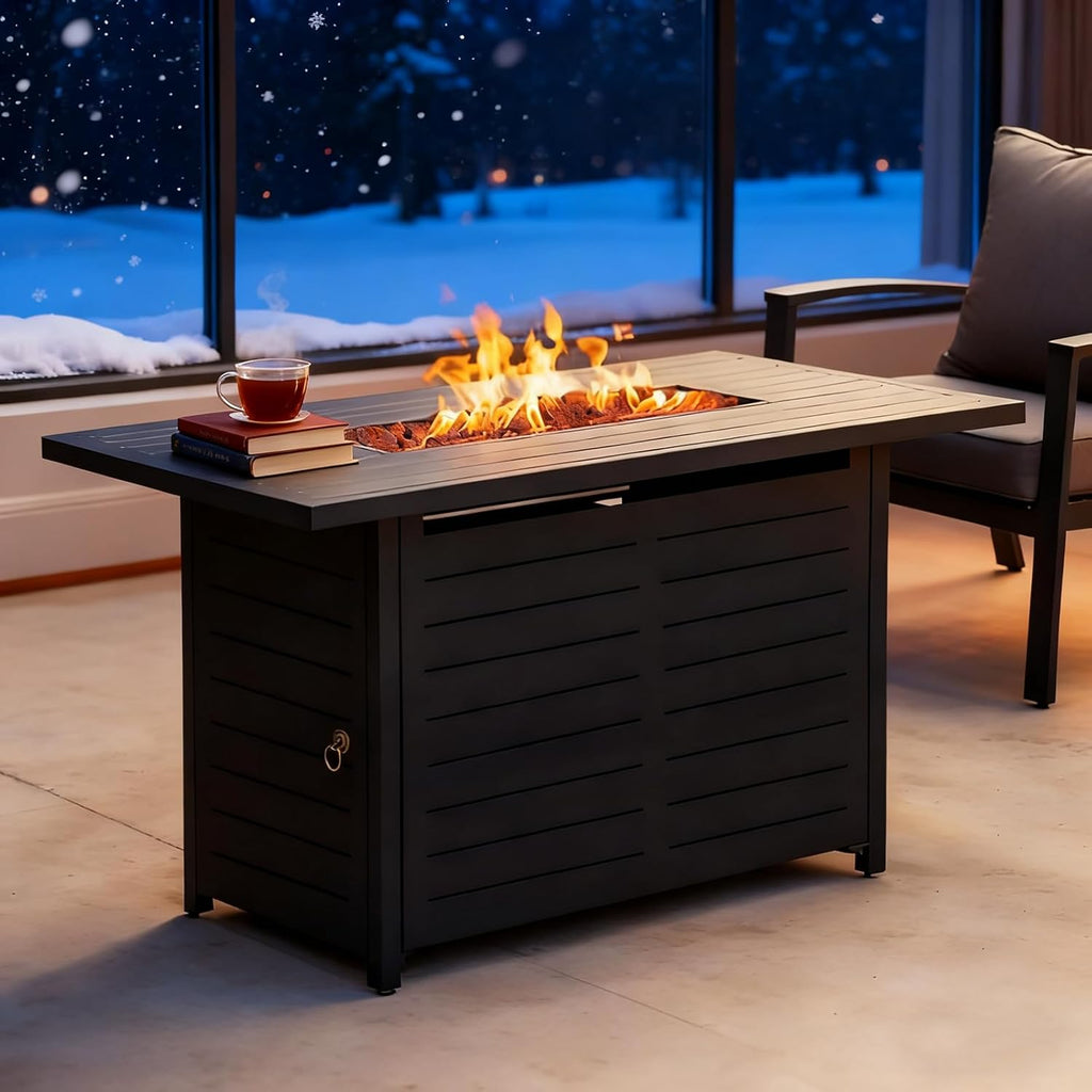 42" Outdoor Propane Fire Pit Table, Gas Fire Pits with Lava Rock Waterproof Cover and Removable Lid for Outside