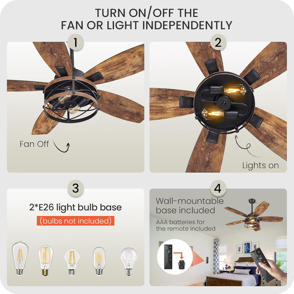 42 Inch Farmhouse Ceiling Fan with Lights and Remote, Timer, Dual Finish 5 Blades (Rustic Brown and Black), 6 Speeds