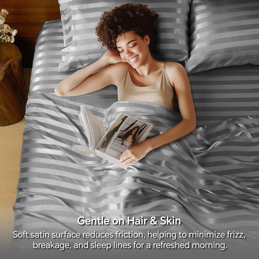 Jacquard Striped Satin Sheet Cal King, Dark Grey - Set of 4