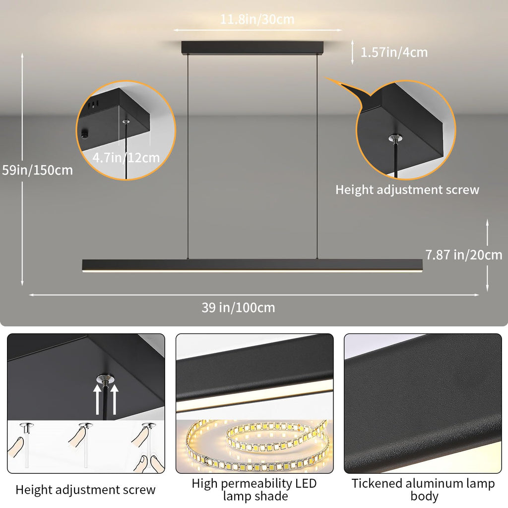 Pendant Lights Kitchen Island Dimmable Pool Table Light with Remote, Modern LED Island Lights, 39.37" LED Linear