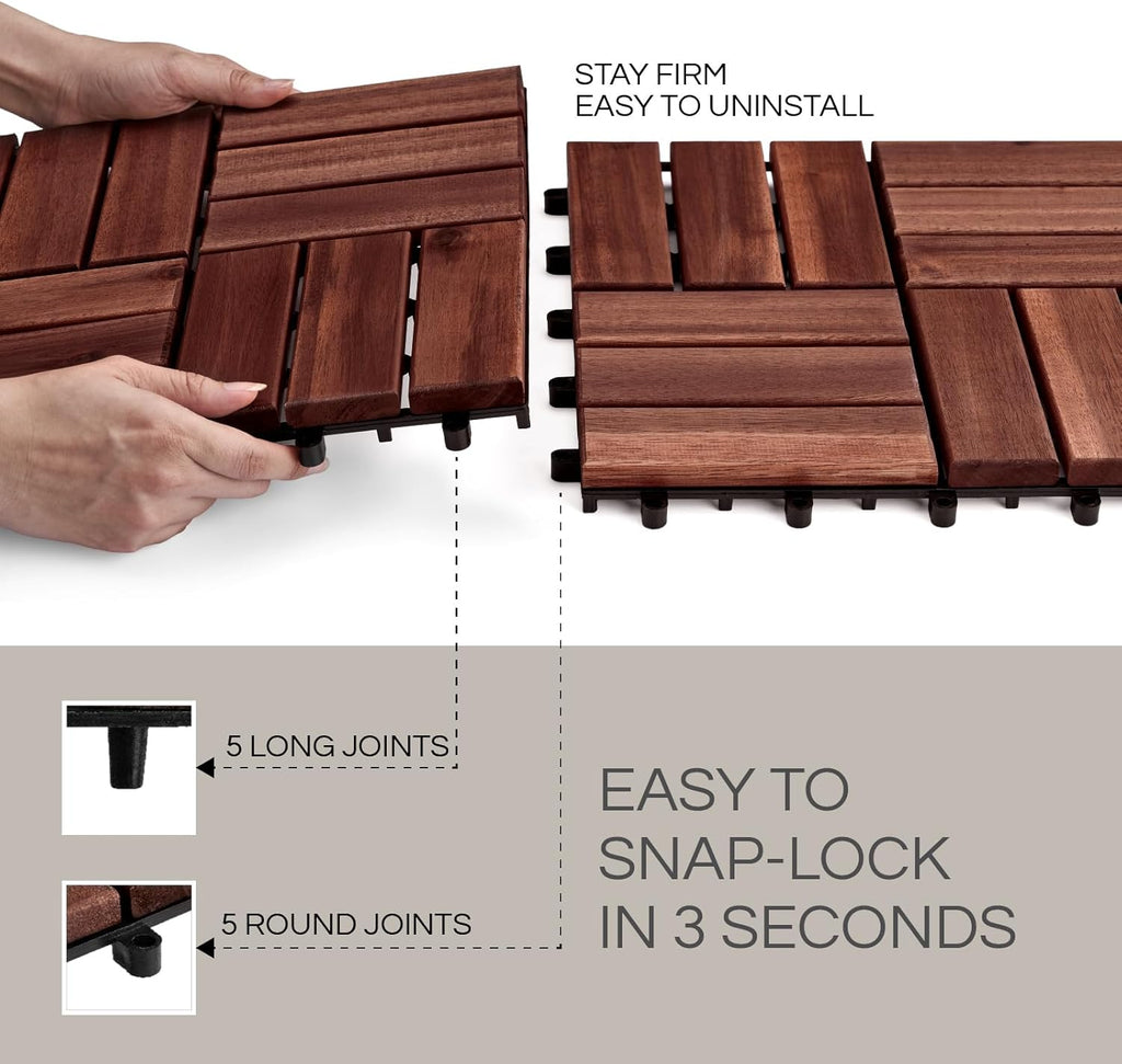 Premium Deck Tiles, Patio Flooring - Set 10 Pcs 12”x12”x0.9” Interlocking Deck Tiles, Waterproof Acacia Wood for