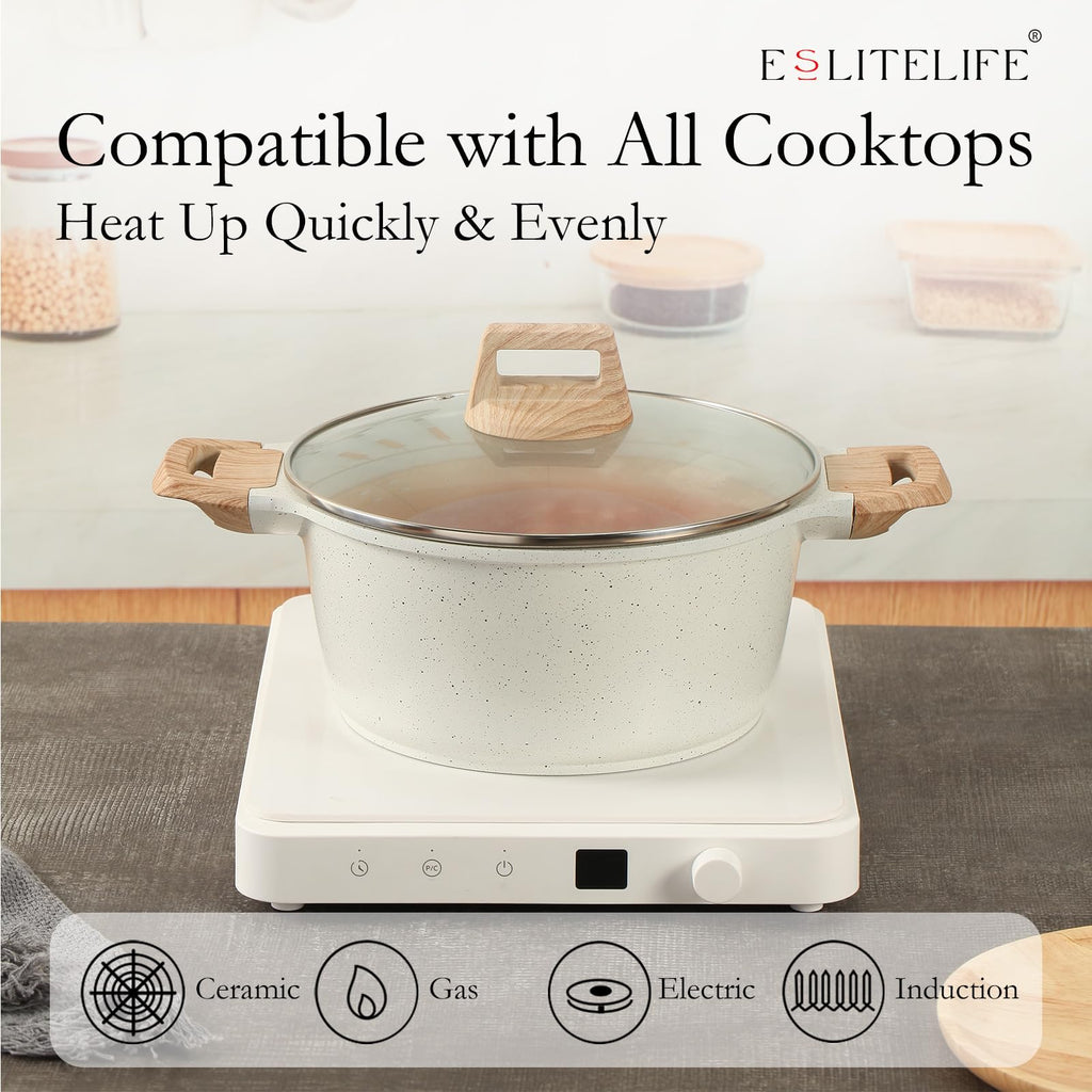 Nonstick Stock Pot with Lid, 5 Quart Granite Casserole Large Soup Pot Pasta Cooking Pot, Induction Compatible, PTFE &