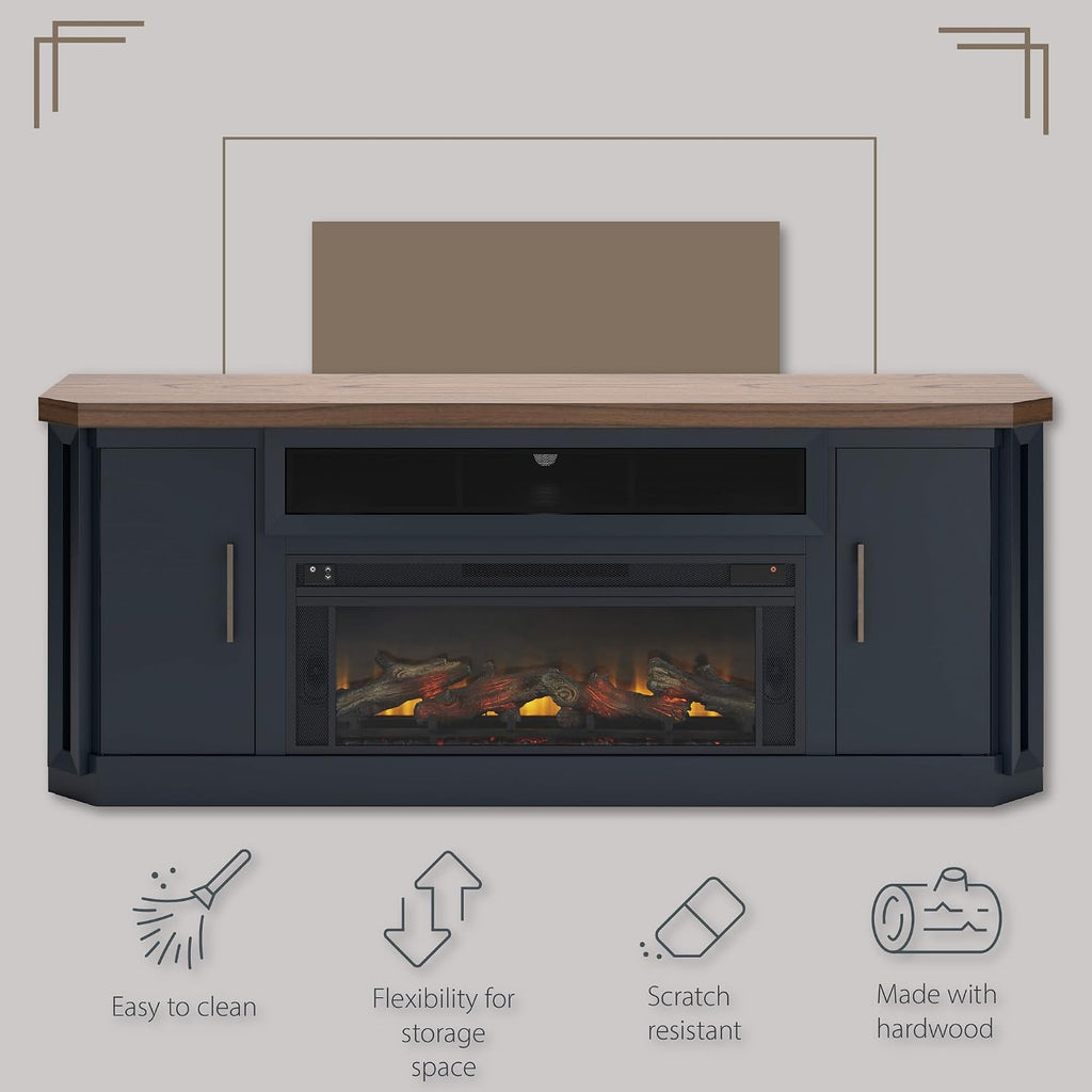 Fireplace TV Stand, 83" Console for 95" TVs, Built-in Speakers, Hardwood Solids, Mindi Veneer and MDF