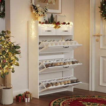 31.5" W Shoe Cabinet, Hidden Wood Shoe Cabinet with 2 Storage Drawers & 3 Flip Drawers, Narrow Freestanding Shoe