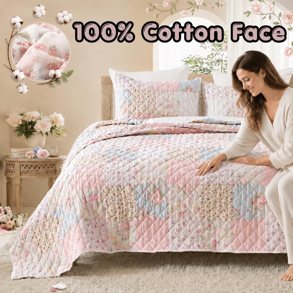 Real Patchwork Quilt Set, 3 Piece Cotton Front Floral Pink Bedding, Boho Farmhouse Reversible Bedspread