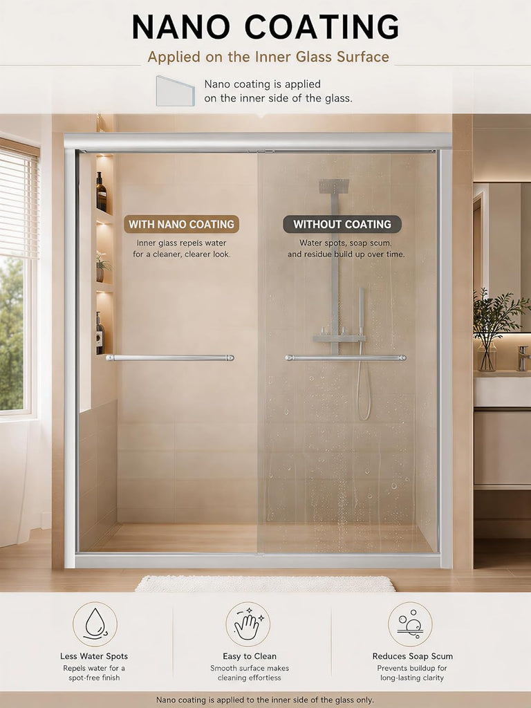 Semi-Frameless Sliding Glass Shower Door 56-60 in. W x 72 in. H, Chrome Frame, 1/4 in. Clear Tempered Glass