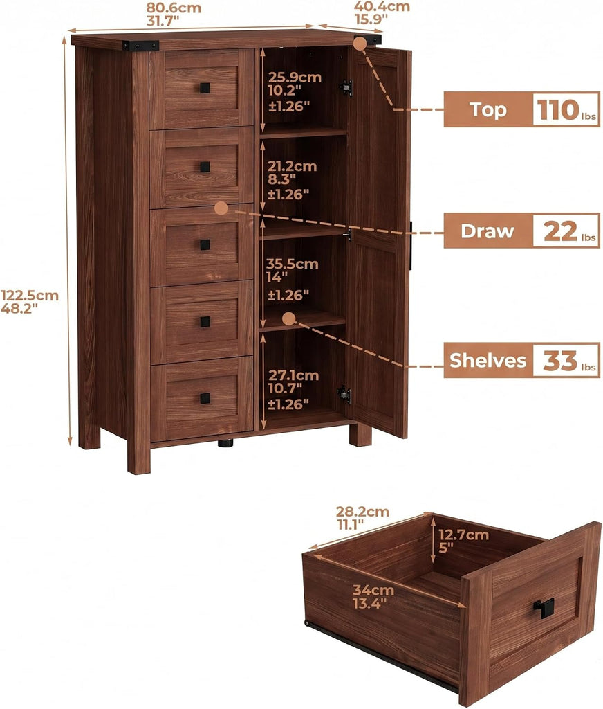 Farmhouse 48 Inch Tall Dresser Chest of Drawer , 5 Drawer Storage Cabinet with Barn Door, Adjustable Shelves, Rustic